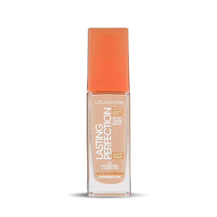 Lasting Perfection Matte Foundation in een transparante fles met oranje dop, biedt volledige dekking en een matte finish.