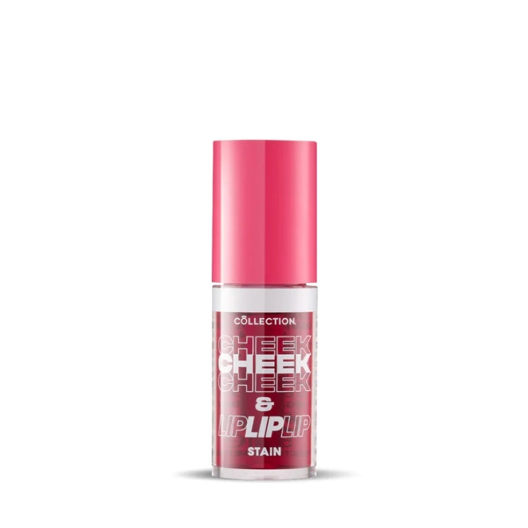 Collection Lip & Cheek Stain in een transparante verpakking met een felle roze dop, ideaal voor lippen en wangen.