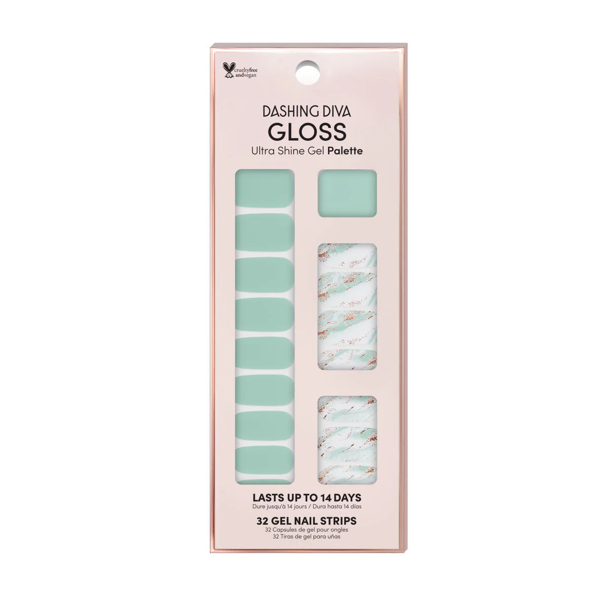 Dashing Diva - Gloss Strips - Tea leaves, mintgroene en witte gel nagelstrips in een elegante verpakking.