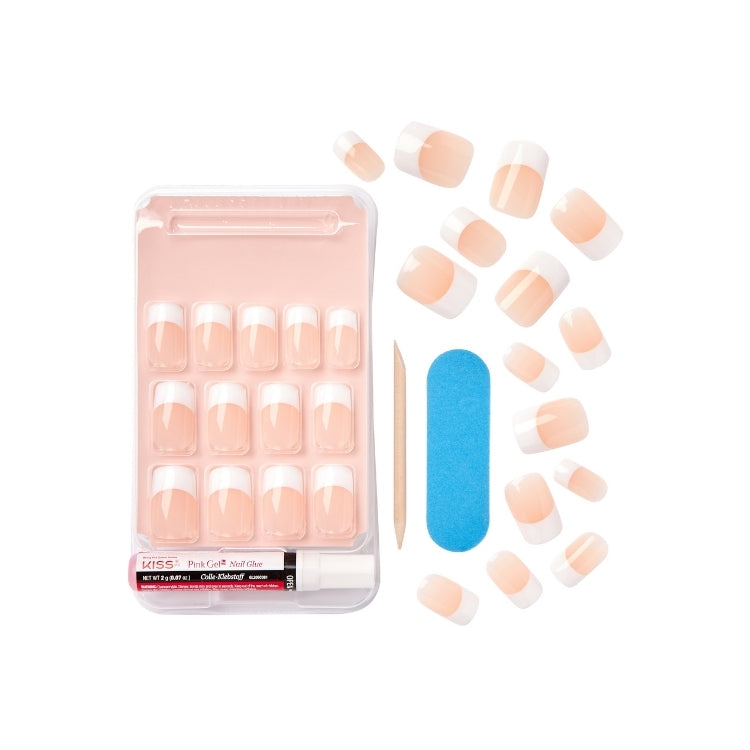 Everlasting French Nail Kit Infinite van Kiss met nude nagels en witte tips, inclusief lijm en nageltools.