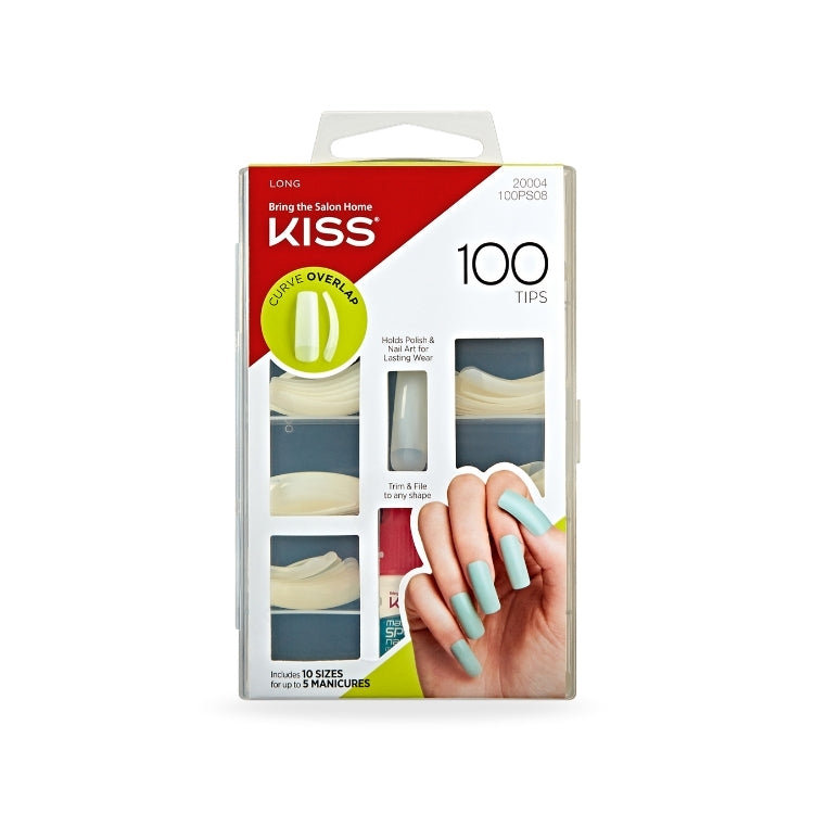 100 Nageltips And Lijm Curve Overlap van Kiss in een doorzichtige verpakking met lange, lichtblauwe nageltips.