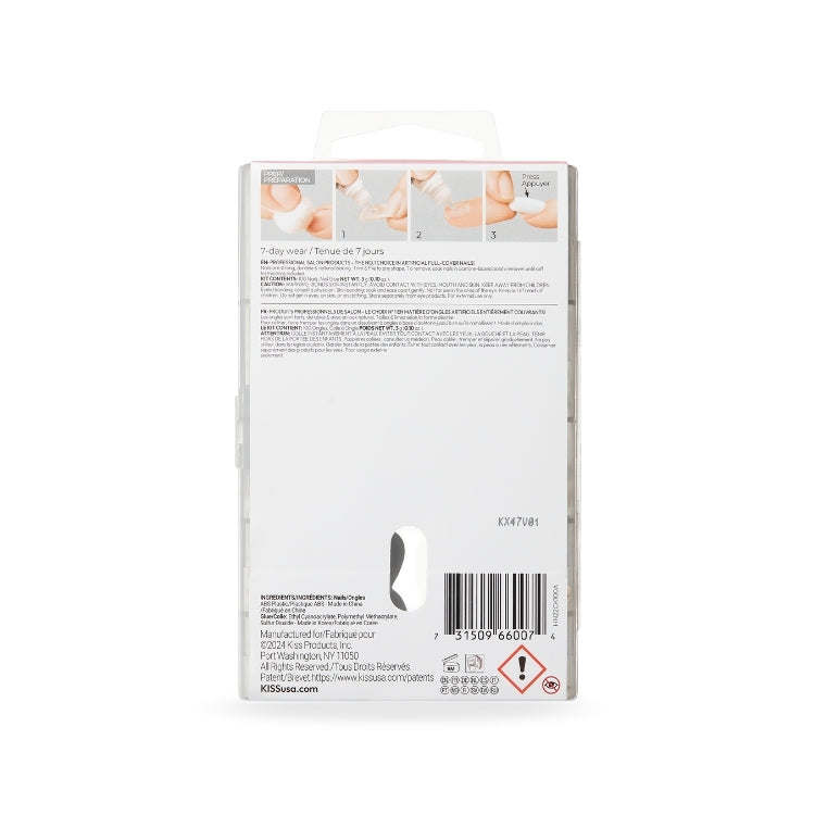 100 Full Cover Nails Stilettos in een transparante verpakking, met instructies en een elegante, puntige vorm.