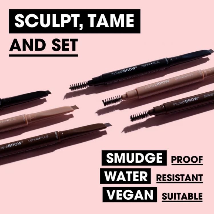 IncrediBROW Micro Brow Pencil in verschillende kleuren met smudge-proof en water-resistant verpakking.