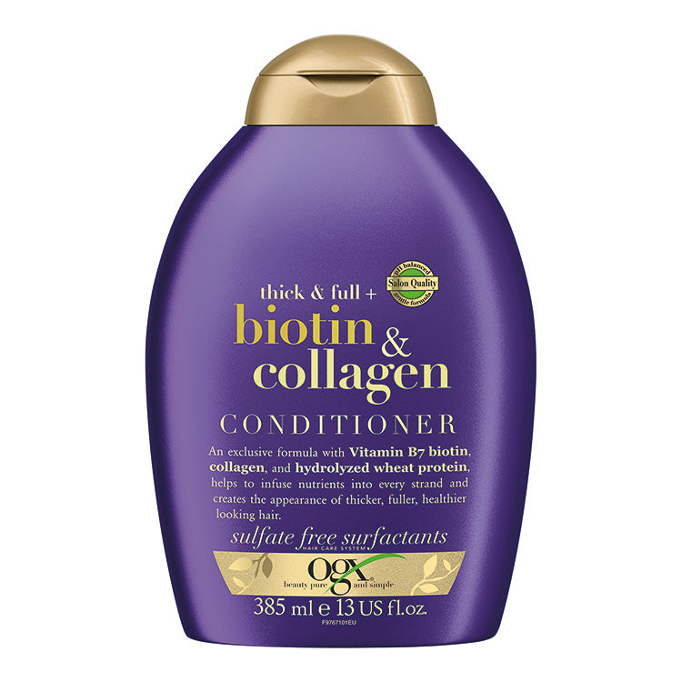 Thick And Full Biotin And Collagen Conditioner in een paarse fles van 385 ml, ideaal voor voller en gezonder haar.
