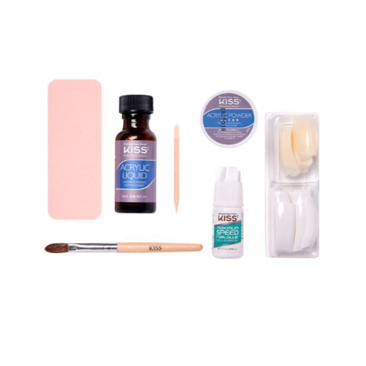 French Acrylic Kit van Kiss met acrylpoeder, vloeistof, penseel, nagelvormen en nagelvijl in een overzichtelijke verpakking.