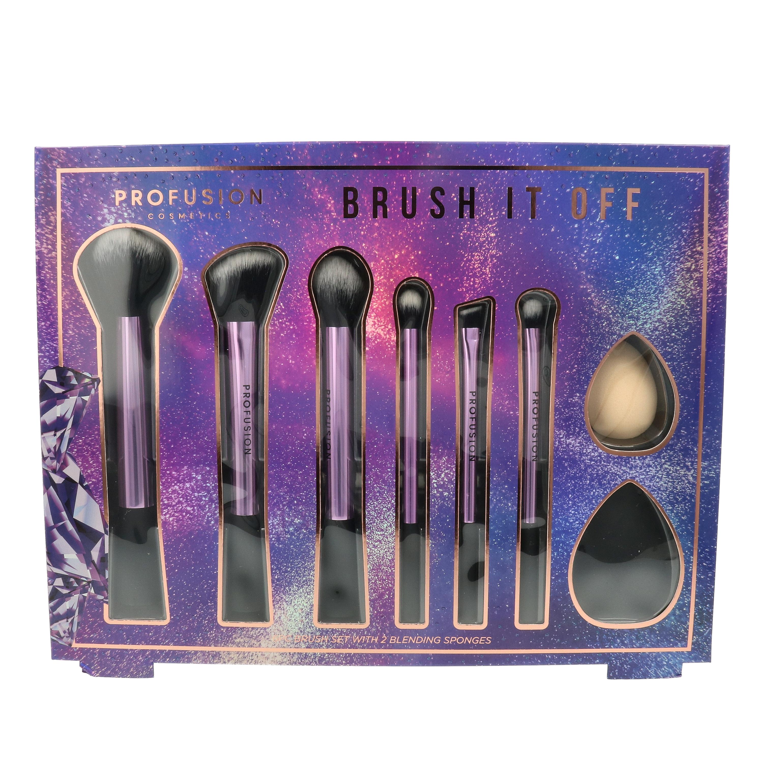 Euphoric Glam - Brush It Off Makeup Brush & Blender Set met paarse handvatten en diverse borstels en sponsjes in een kleur...