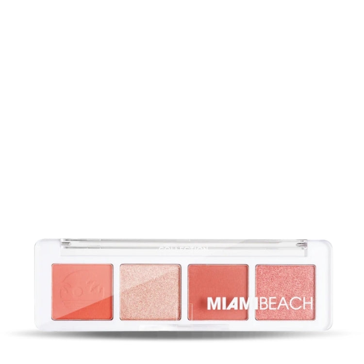 Mini Eyeshadow Palette Miami Beach met vier warme tinten in een transparante verpakking. Perfect voor een zomerse look.