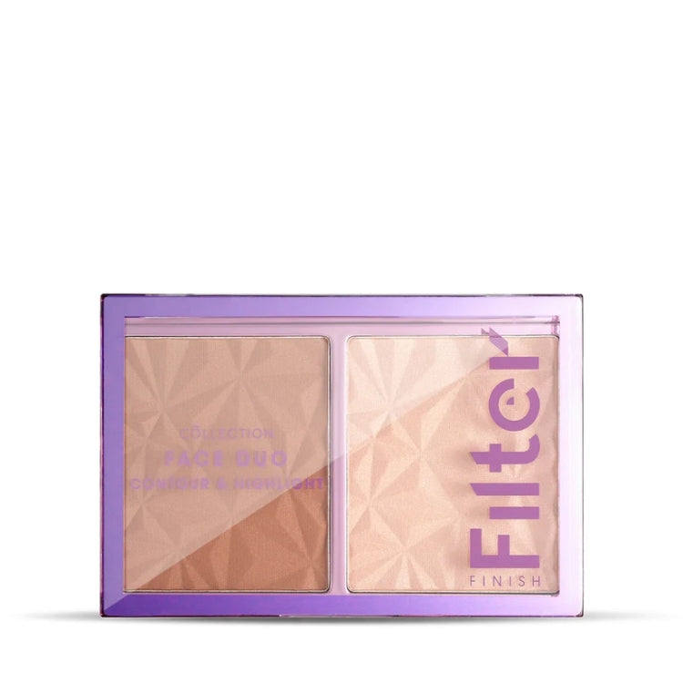 Filter Finish Face Duo in een paarse verpakking met twee tinten poeder voor een stralende huid.