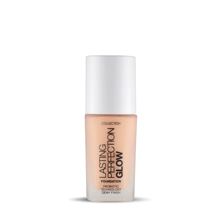 Lasting Perfection Glow Foundation in een lichte, transparante verpakking met een glanzende afwerking.