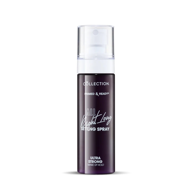 Primed & Ready All Night Long Setting Spray in een paarse fles met een spraydop voor langdurige make-up fixatie.