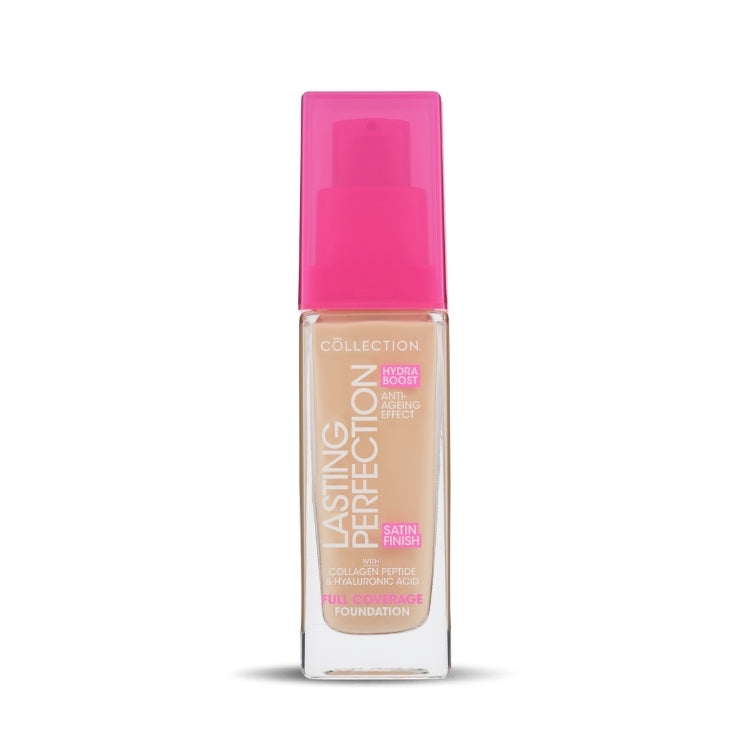 Lasting Perfection Satin Foundation in een transparante flacon met een fuchsia pomp, voor een egale en stralende huid.