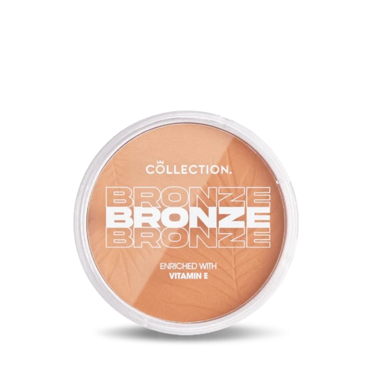 Bronze Glow Matte Powder in een ronde, doorzichtige verpakking met een warme bronzen tint, verrijkt met vitamine E.