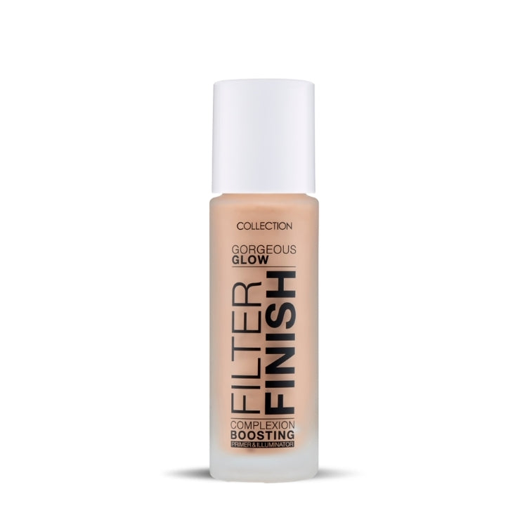 Gorgeous Glow Filter Finish in een slanke, transparante fles met een witte dop voor een stralende teint.