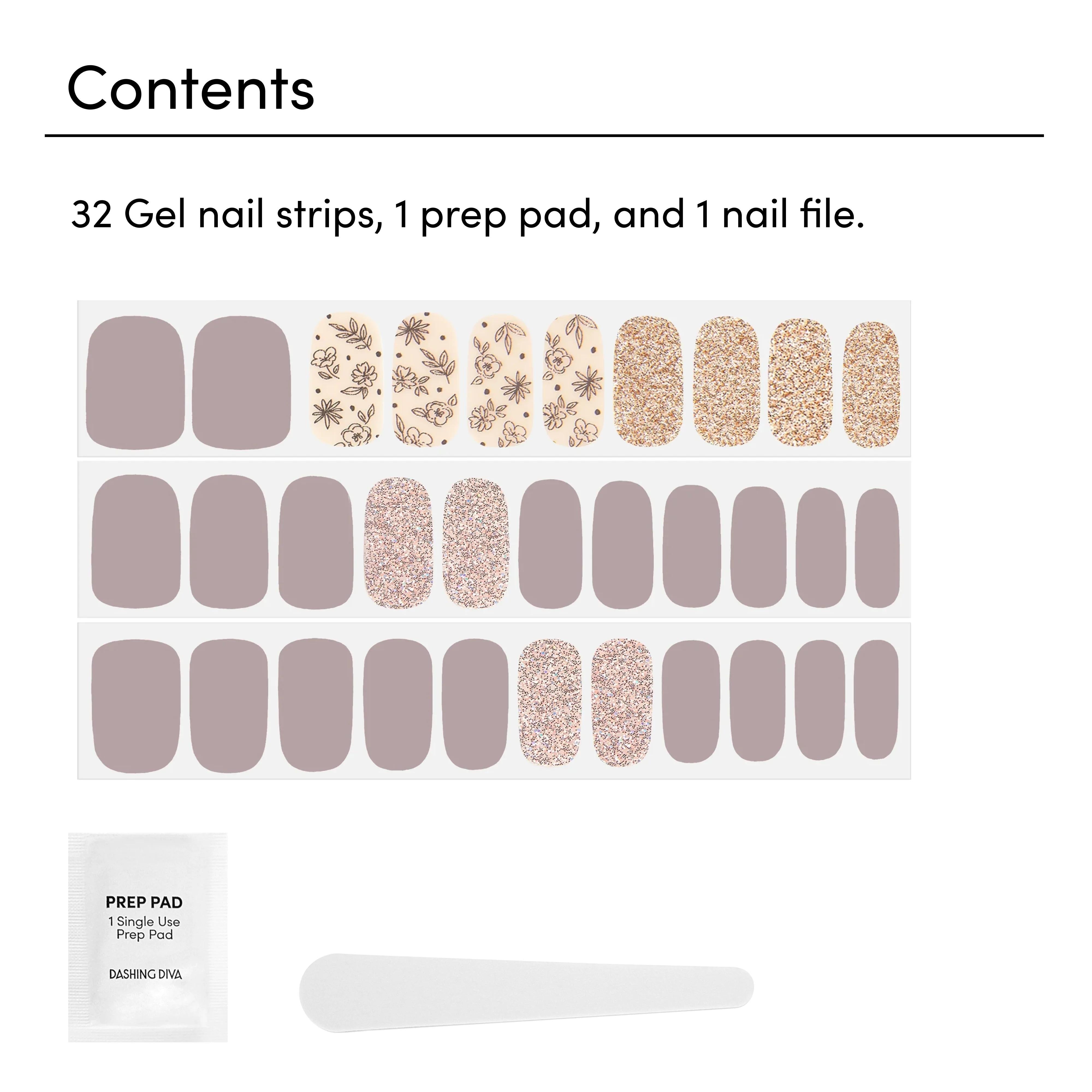 Dashing Diva - Gloss Strips - Lavendar Dreams, 32 gel nagelstrips in lavendel en glitters, inclusief prep pad en nagelvijl.