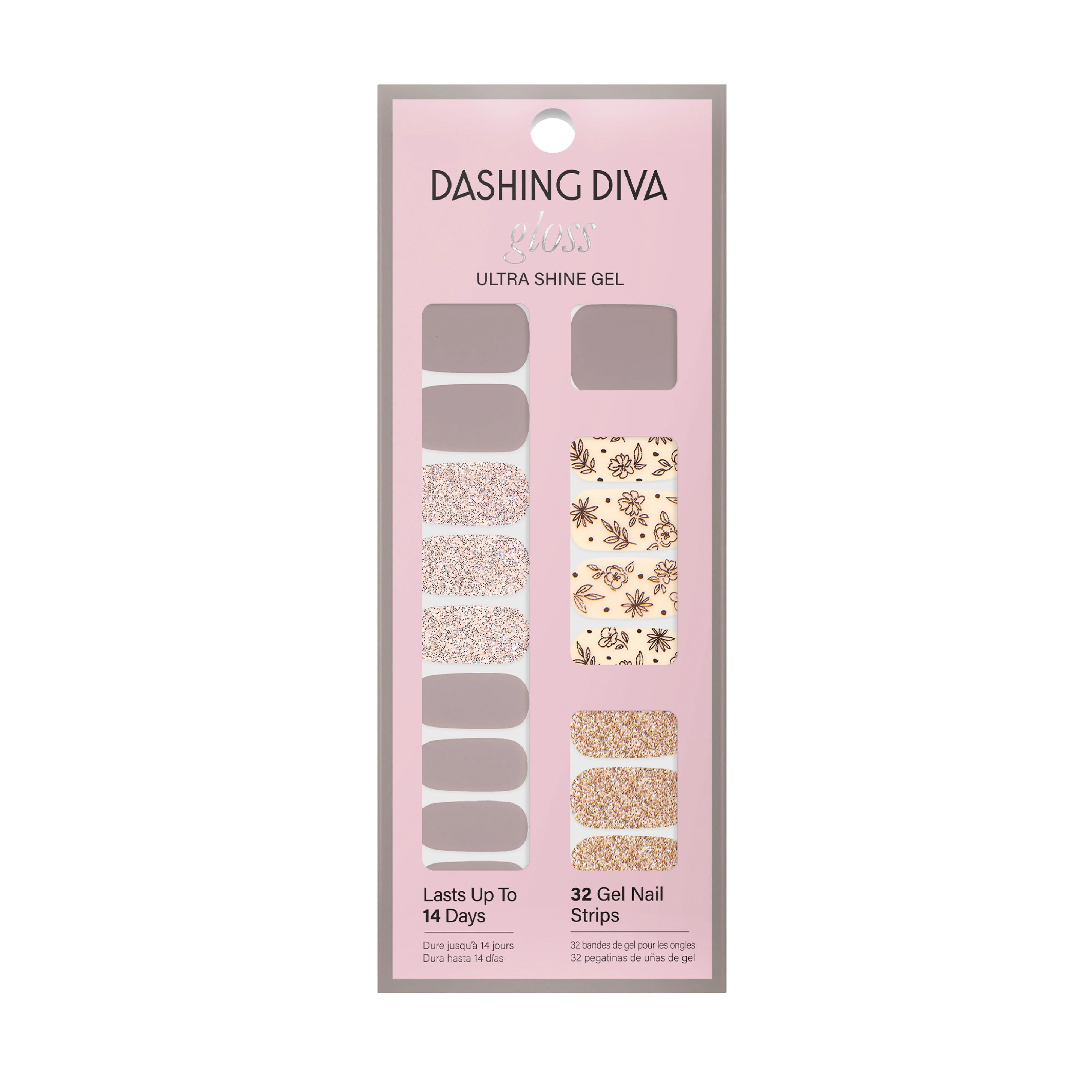 Dashing Diva - Gloss Strips - Lavendar Dreams in een roze verpakking met gel nagelstickers in lavendel en glitters.