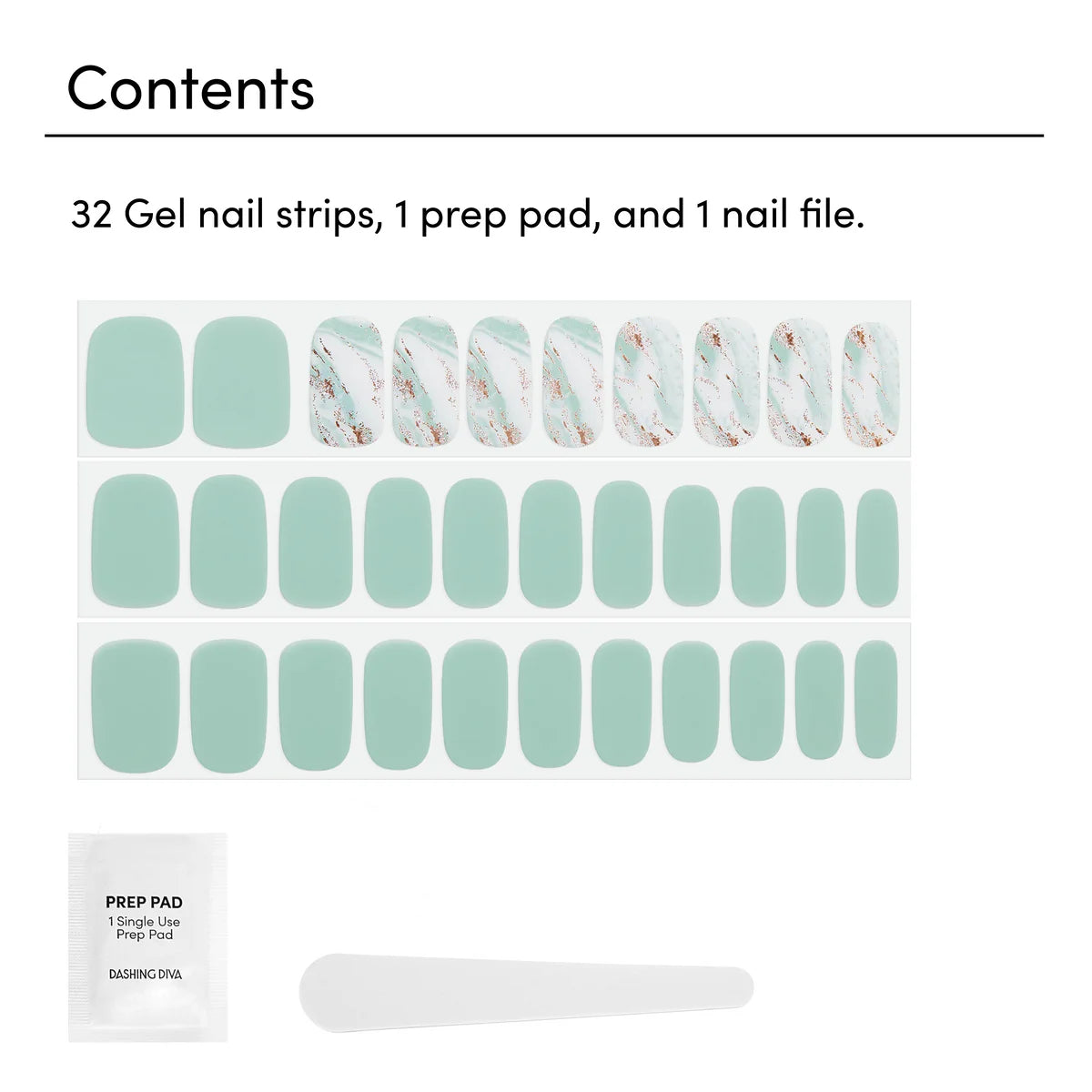 Dashing Diva - Gloss Strips - Tea leaves, 32 gel nagelstrips in zachte groene tint met marmerdesign, inclusief prep pad en...