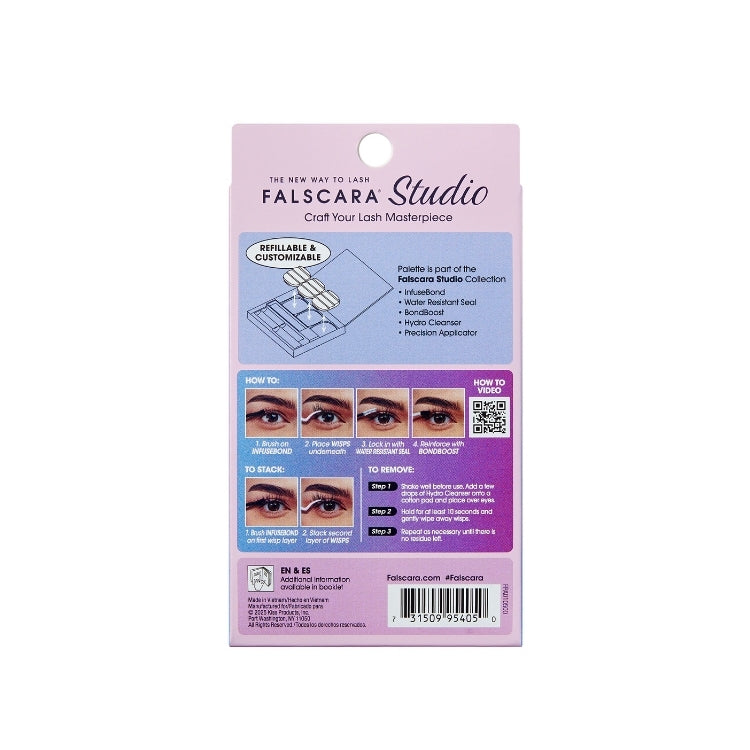 Falscara Studio Palette 8mm-12mm | Delicate Light met instructies en voorbeelden voor het aanbrengen van wimpers.