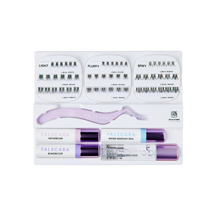 Falscara Studio Kit 8mm-12mm Delicate met diverse wimpers, applicator en lijm in een stijlvolle verpakking.