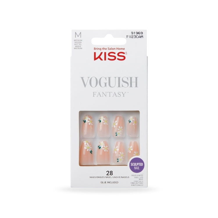 Voguish Fantasy - 4 Wheel Drive, set van 28 kunstnagels in nude tint met bloemenprint, verpakking in witte doos.