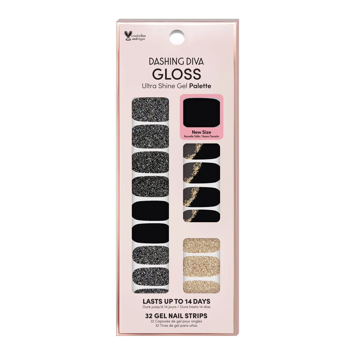 Dashing Diva - Gloss Strips - Galaxy Unknown, 32 gelnagelstrips in zwart, goud en glitter, verpakt in een elegante doos.