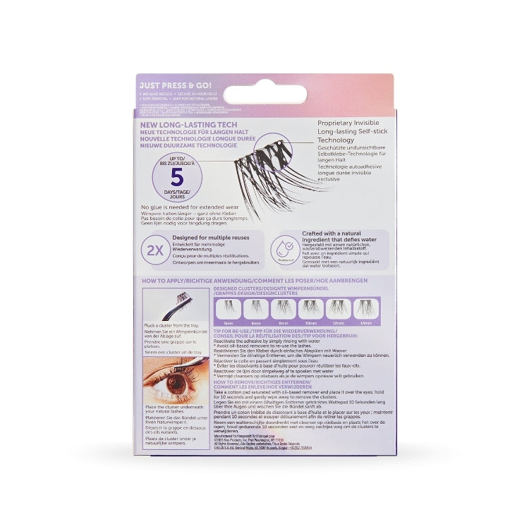 imPRESS Long Lasting No Glue Falsies | Demi Wispy, verpakking met instructies en details over de wimpers in verschillende...