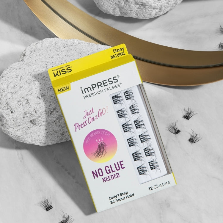 imPRESS Press-On Falsies 10mm-12mm Classy Natural in een gele verpakking met 12 clusters voor een natuurlijke look zonder...