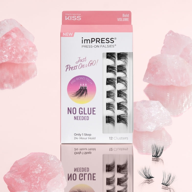 imPRESS Press-On Falsies 12mm-14mm | Bold Volume in een roze verpakking met clusters van nepwimpers, ideaal voor volume.