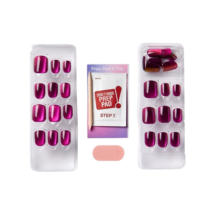 imPRESS Color FX - Levels met paarse nagels in verschillende tinten, inclusief prep pad en vijl in verpakking.