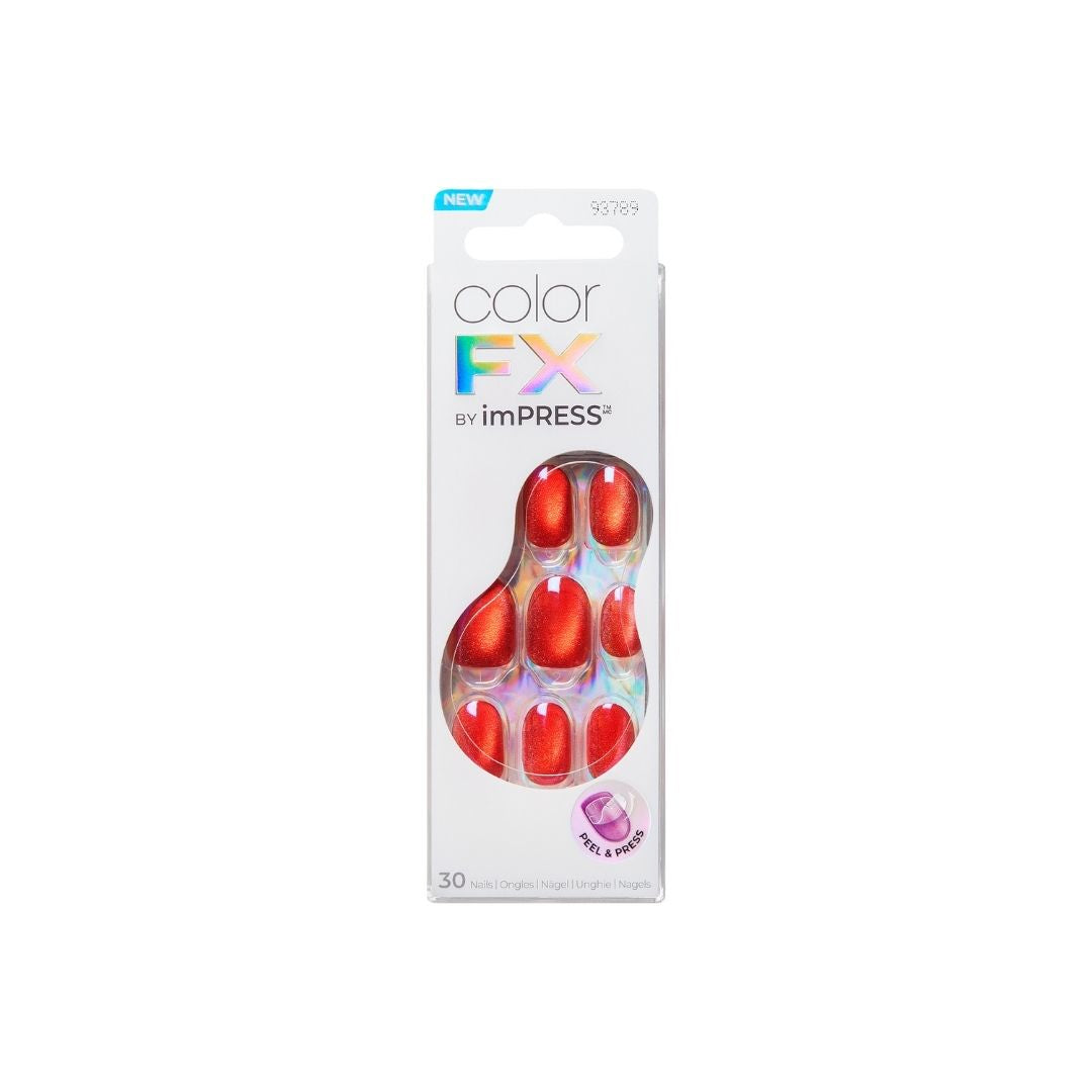 imPRESS Color FX - Floating, set van kunstnagels in een levendige rode kleur, verpakt in een doorzichtige blisterverpakking.