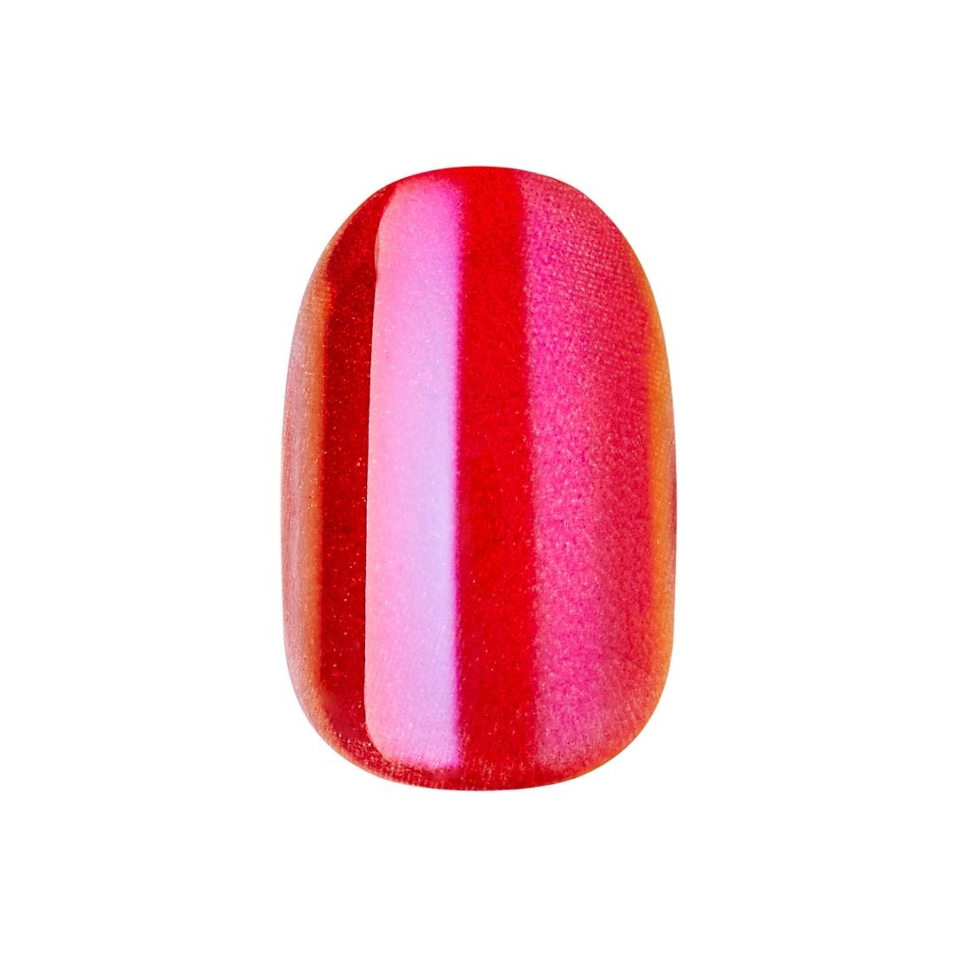 imPRESS Color FX - Floating, een glanzende, felrode nagelkunst met een strakke, ovale vorm.