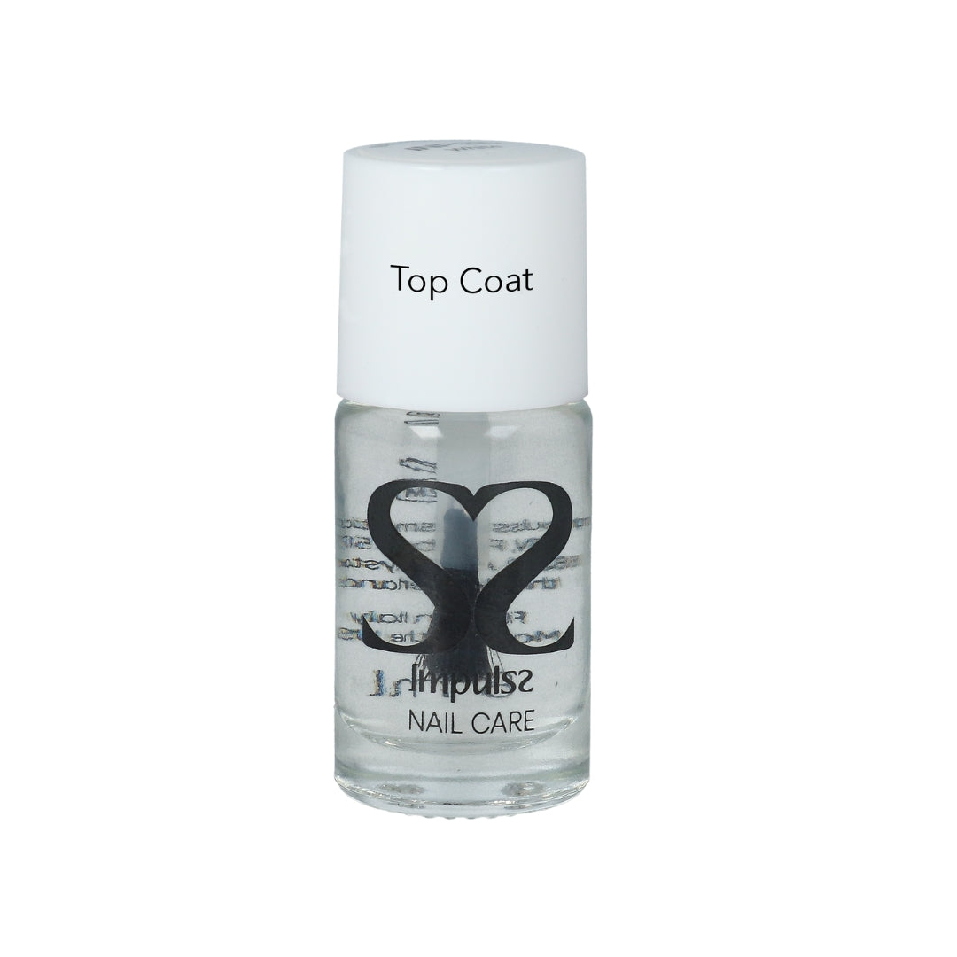 Impulss Top Coat in een transparante fles met witte dop voor een glanzende afwerking van nagellak.