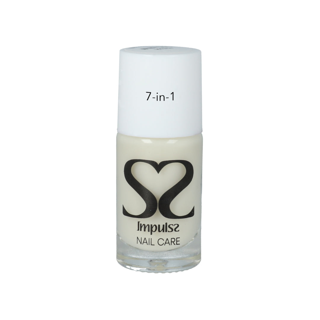 Impulss 7-in-1 nagelverzorging in een transparante fles met witte dop, ideaal voor sterke en gezonde nagels.