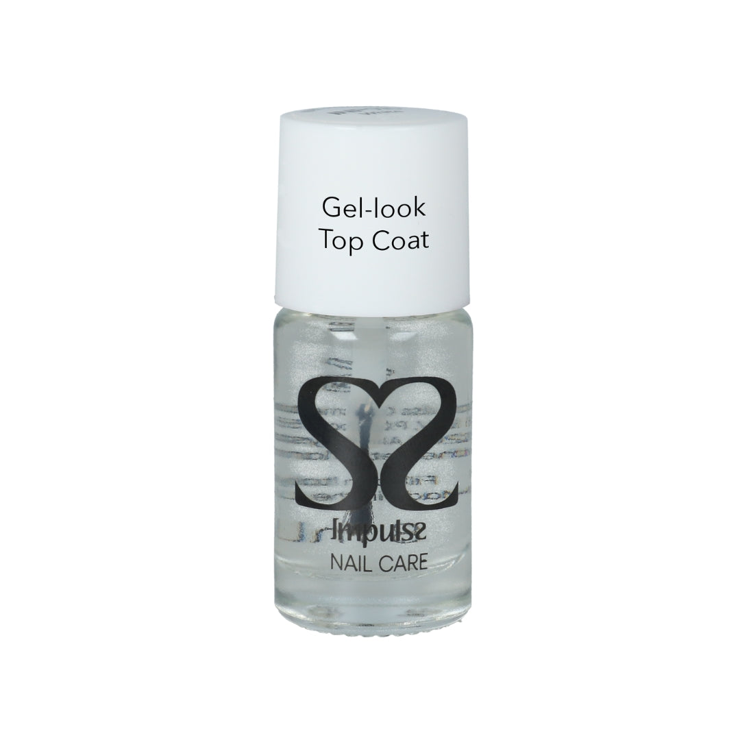 Impulss Gel-Look Top Coat in een transparante fles met witte dop, ideaal voor een glanzende nagellakafwerking.