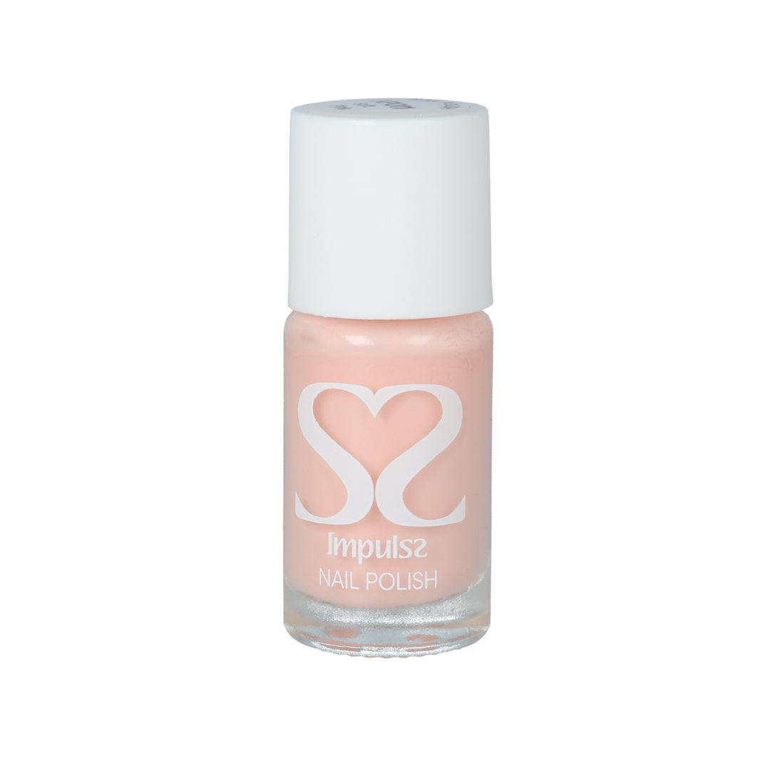 Impulss Nagellak Soft Pink in een glazen flesje met witte dop, perfect voor een subtiele, elegante look.
