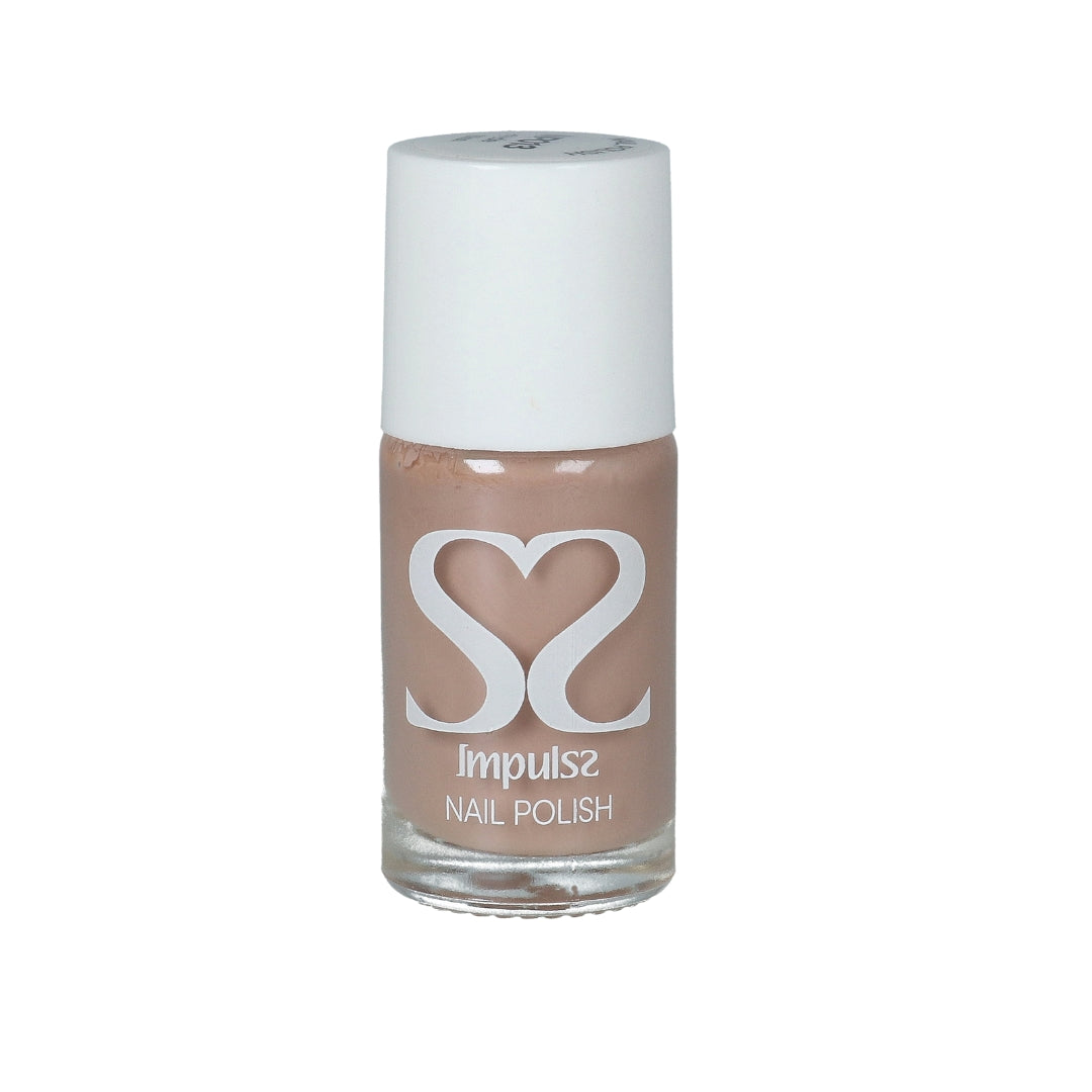 Impulss Nagellak Nude Bliss in een glazen flesje met witte dop, zachte nude kleur voor een elegante uitstraling.