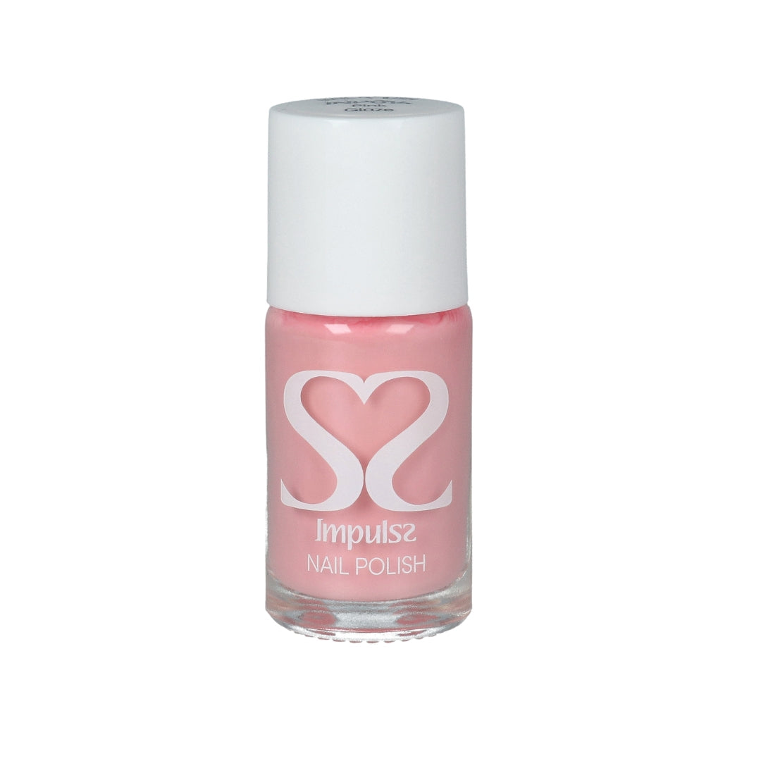 Impulss Nagellak Pink Glaze in een glazen flesje met witte dop, zachte roze kleur voor een elegante uitstraling.