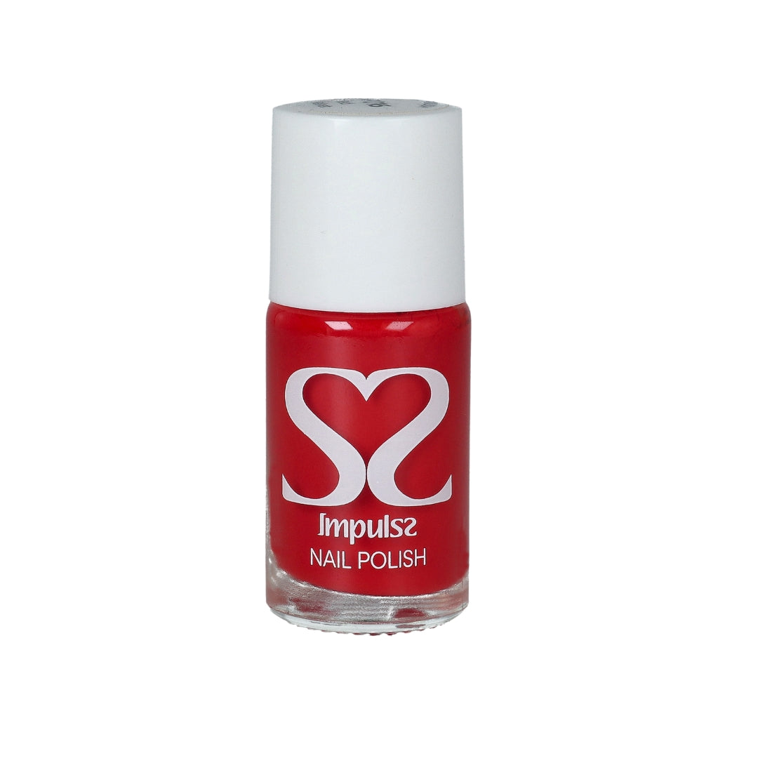 Impulss Nagellak Red Velvet in een glazen flesje met witte dop, stralende rode kleur voor een luxe uitstraling.