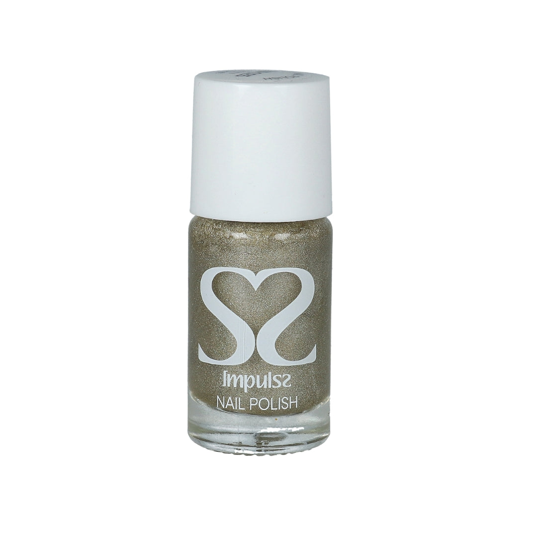 Impulss Nagellak Fairy Dust, glinsterende goudkleurige nagellak in een glazen flesje met witte dop.