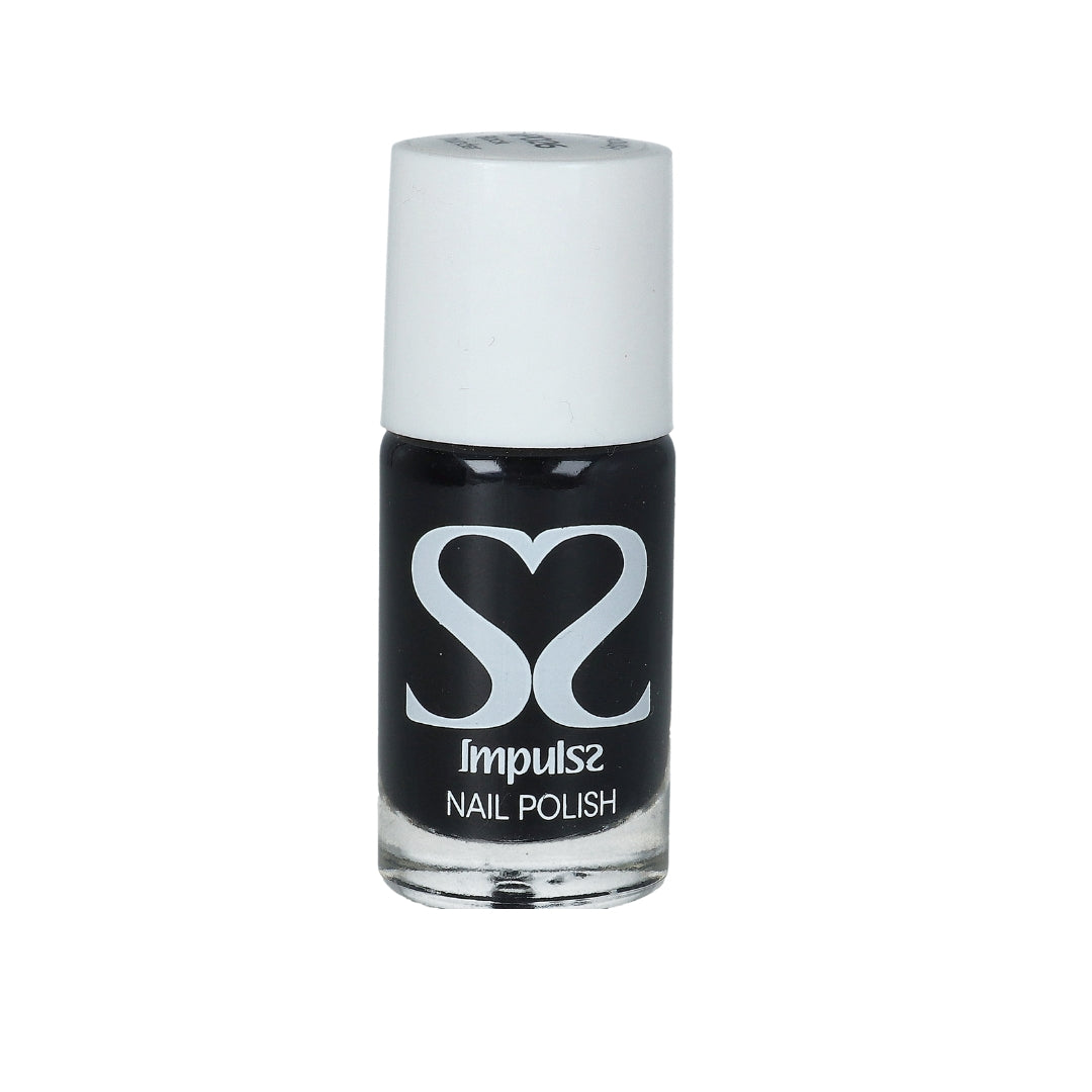 Impulss Nagellak Black Thunder in een stijlvolle zwarte kleur, verpakt in een glazen fles met een witte dop.