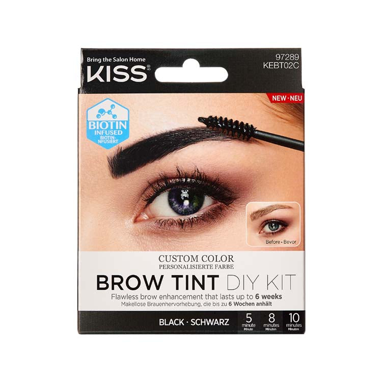 Brow Tint Kit - Black in een zwarte verpakking met applicator en instructies voor het kleuren van wenkbrauwen.