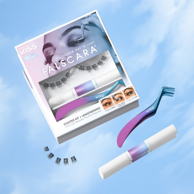 Falscara - Starter Kit van Kiss met valse wimpers, applicator en lijm in een kleurrijke verpakking.