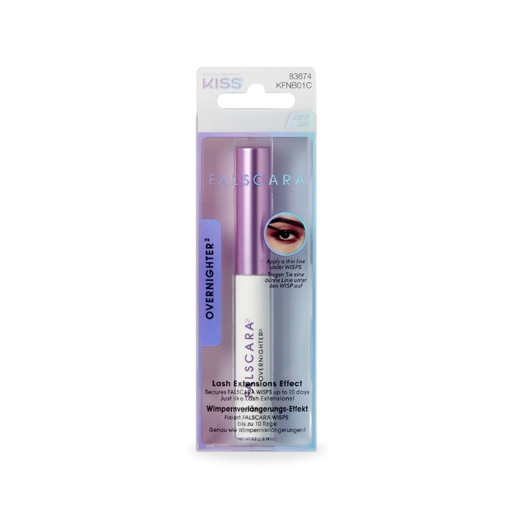 Falscara - Overnighter, een witte tube met paarse dop voor wimperextensions effect, verpakt in een kleurrijke doos.