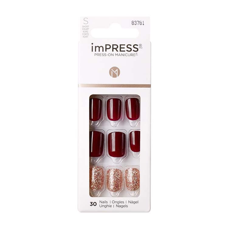 imPRESS Nails - No Other in bordeauxrood met glinsterende gouden nagels, verpakt in een handige blisterverpakking.