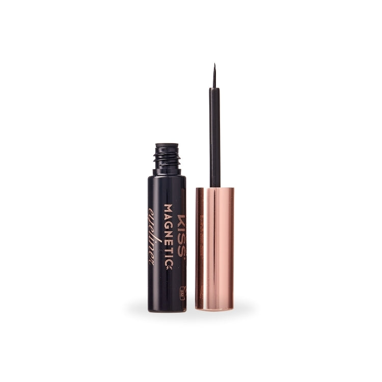 Magnetic Eyeliner van Kiss in een zwarte verpakking met een gouden dop en een fijne applicator voor precieze lijnen.
