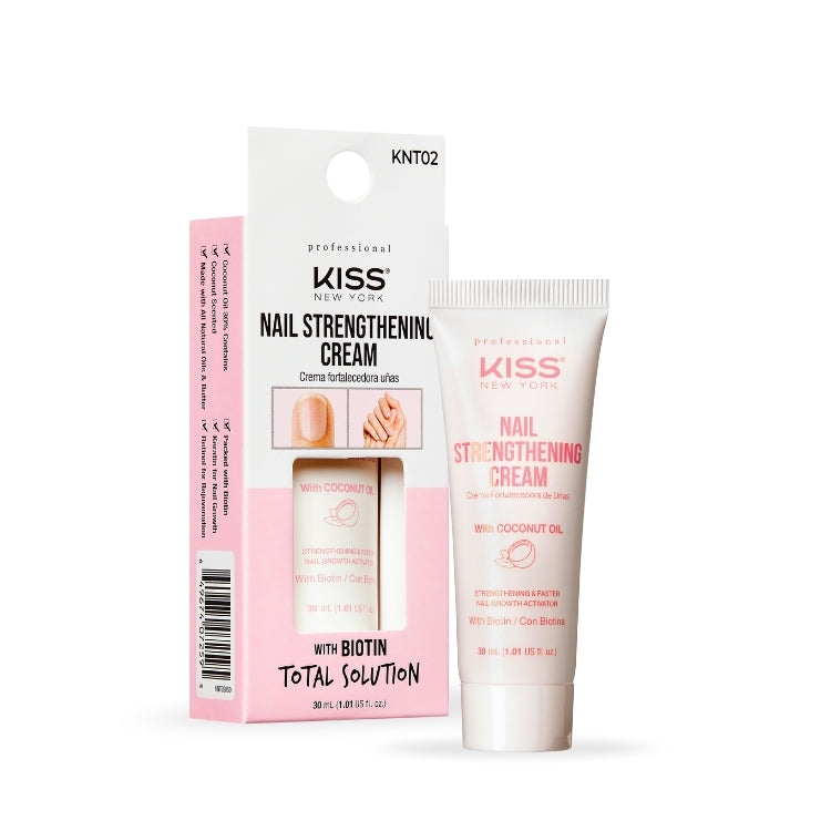 KISS Nail Strengthening Cream in een witte tube met roze details, verpakt in een bijpassende doos.