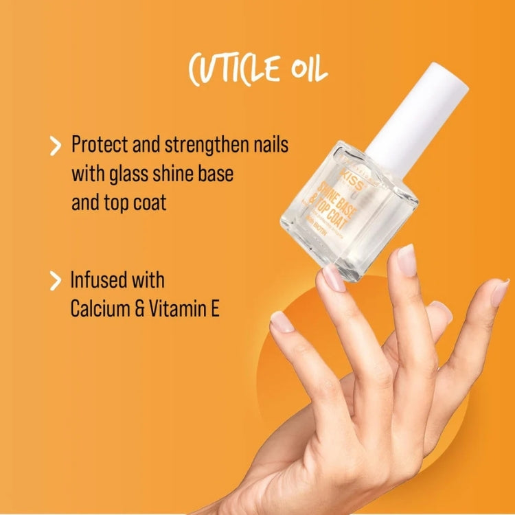 KISS Shine Base & Top Coat in een transparante fles met witte dop, ideaal voor glanzende en sterke nagels.