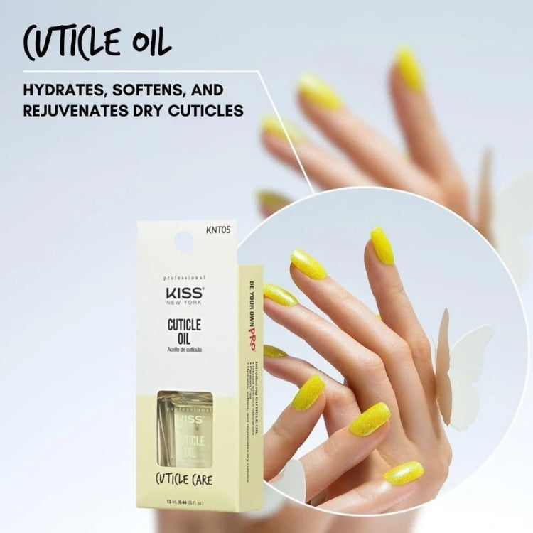 KISS Cuticle Oil in een transparante fles met een gele verpakking, ideaal voor het hydrateren van nagelriemen.