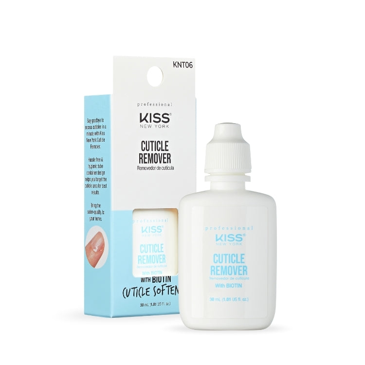 KISS Cuticle remover in een witte fles met een blauwe verpakking, ideaal voor het verzachten van nagelriemen.