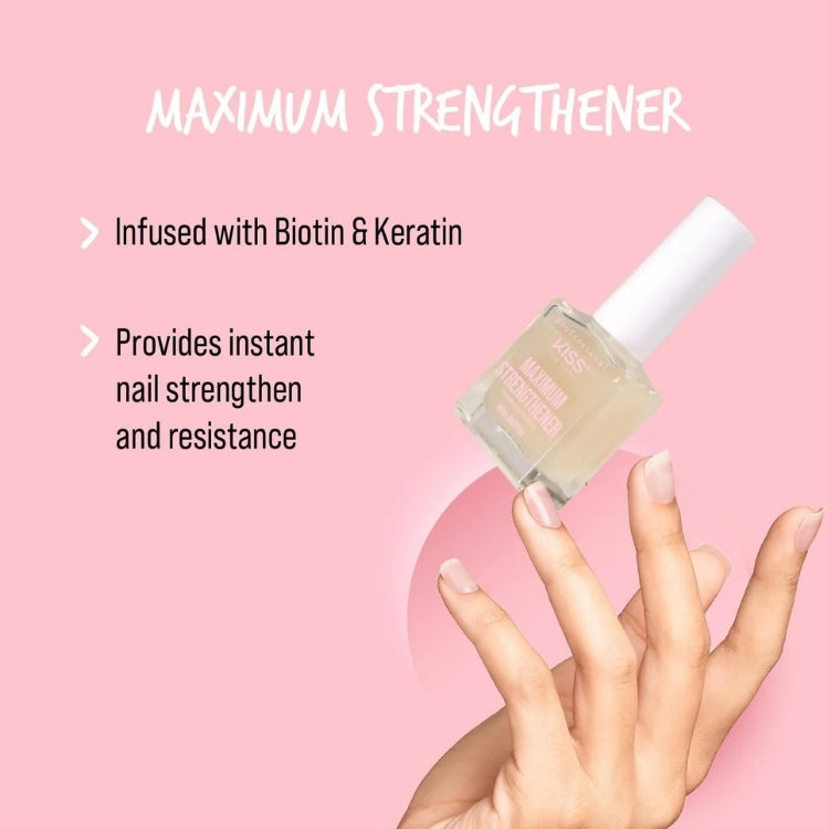 KISS Maximum Strengthener, transparante nagelversterker in een vierkante fles met witte dop, voor sterke en resistente nag...
