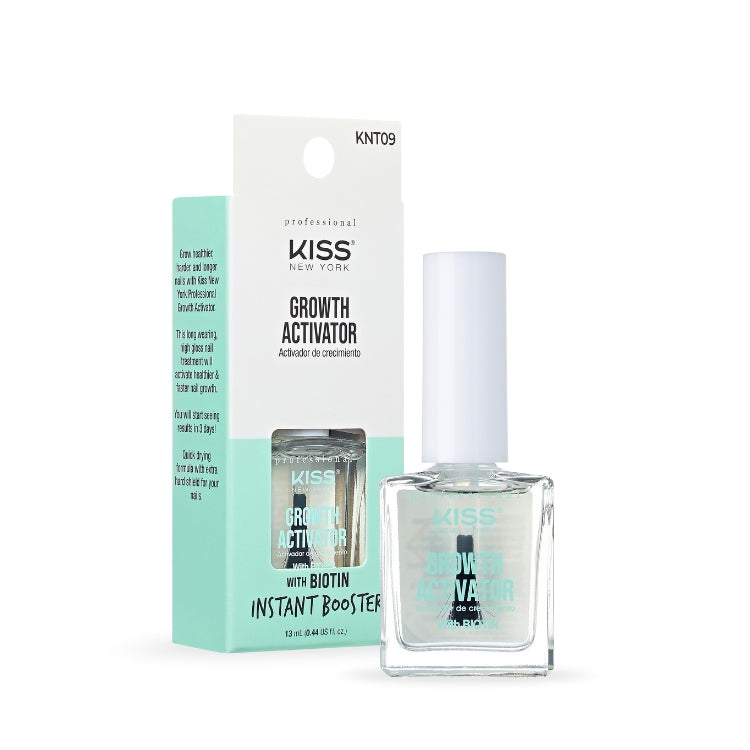 KISS Growth Activator in een transparante fles met witte dop, verpakt in een lichtgroene doos met informatie over biotine.